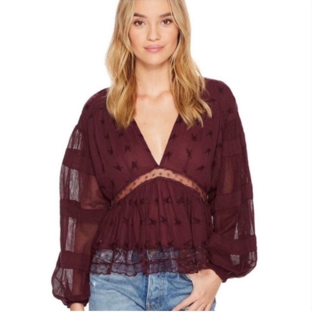 Free People Nostalgic Feels Burgundy Embroidered Lace Peplum Boho Blouse Small